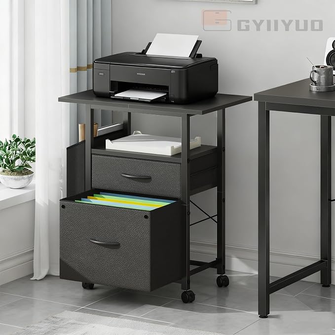 GYIIYUO 2 Drawer File Cabinet with 24'' Extended Desktop, Mobile | Rolling Filing Cabinet, Side Bag, Fits A4/Letter Size, Rolling Printer Stand, Home Office, Fabric Drawer, Black