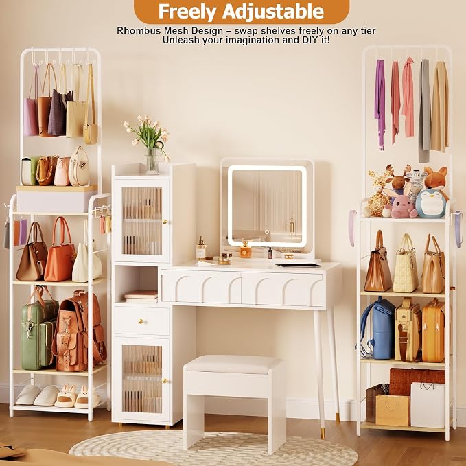 Tall Purse Organizer Stand with 3-Tier Thick Wood + 1-Tier High-Density Mesh, Adjustable Interchangeable, Slim Narrow Freestanding Handbag Rack with 5 Large & 6 Side Hooks, Closet Bag Storage White
