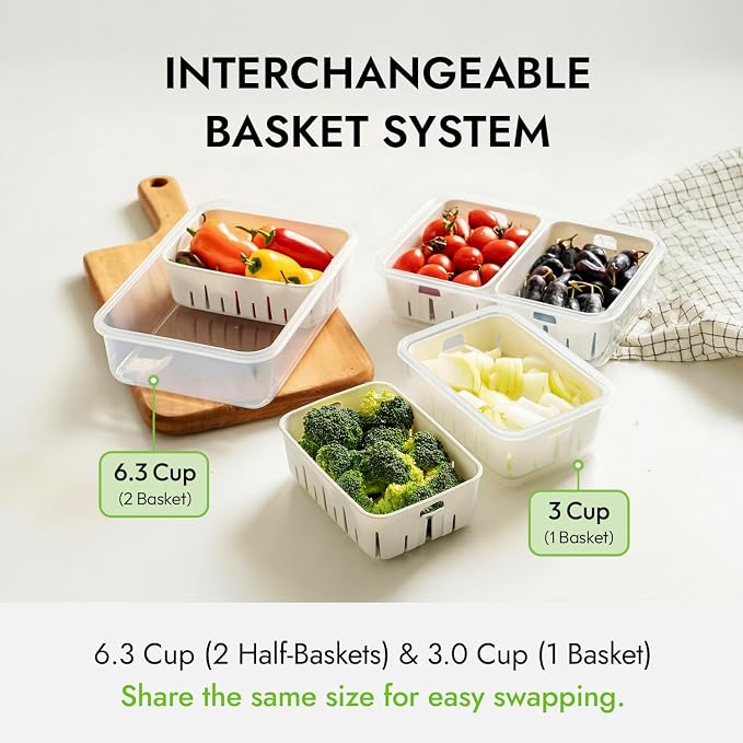 carrotez 16.9 Cup Produce Saver Container for Fridge with Colander 4.0L | Airtight Fruit & Vegetable Storage Bin, Removable Strainer Basket, BPA-Free, Stackable, White Colander