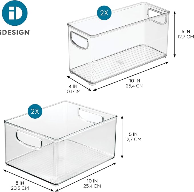 iDesign 4-Piece Plastic Organizer Bin Set, Clear | Two 10" x 8" x 5" Bins, Two 10" x 4" x 5" Bins, For Pantry and Cabinet Organization, Made in the USA