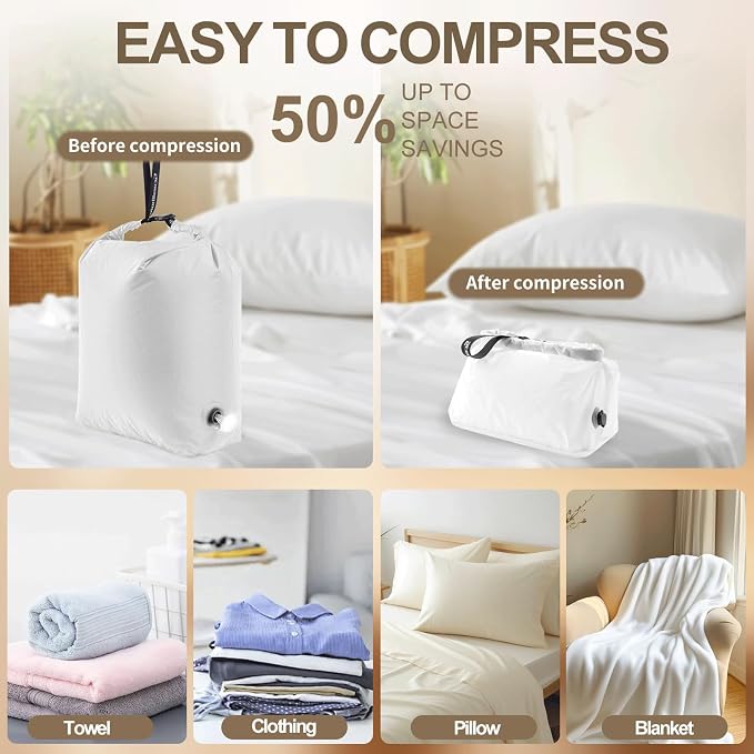 Travel Laundry Bag, Pump Free Vacuum Compression Dirty Clothes Bag Reusable Wet Dry Bags Large Capacity Space Saver Bags Camp Washable Clothes Organizer for Sports Dorm Laundromat (1 Pcs)(White, M)