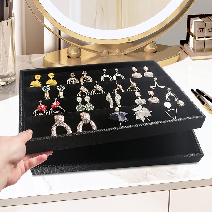 Julysky 2 Pcs/set Stackable Jewelry Organizer Trays，Earrings Tray+Earrings Tray, Jewelry Displays for Selling,Black