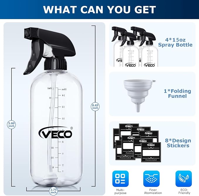 Veco 15oz Graduated Spray Bottles, 4-Pack — 360° Any-Angle Spraying for Easy Dilution, Leak-Resistant spray bottles for Cleaning, Plants, Hair & Pet Use + Foldable Funnel