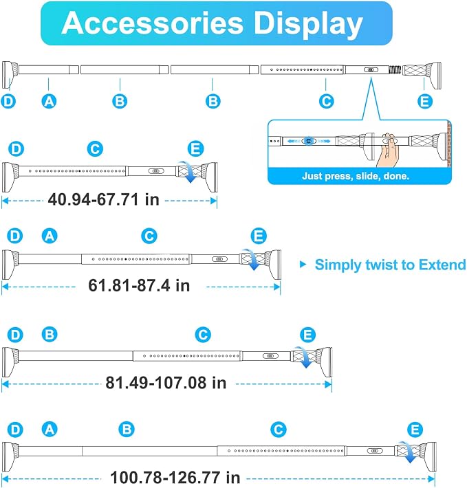 Closet Rods For Hanging Clothes,41-126 In(3-10ft) Extra Long Tension Rod For Closet,Adjustable Rod Without Drilling 33lb Heavy Duty Closet Rods Diameter 1.26in-One-Bond Stretching,White