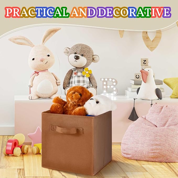 Yinder 4 Pcs Cube Storage Bin Brown 10.5''x10.5''x11'' Storage Bins for Playroom Decor Colorful Bins for Kids Foldable Baskets for Nursery Organizer Boxes Fabric Boxes