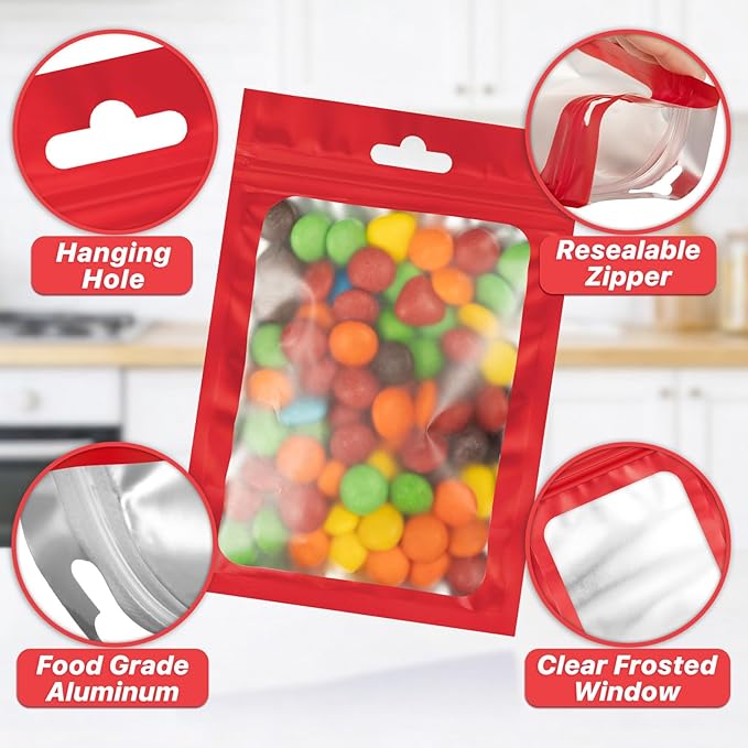 100 PCS Resealable Mylar Bags with Frosted Clear Window Packaging Bags Foil Pouch Zipper Bag for Food Self Sealing Storage Supplies (4.72x7.87, Red)