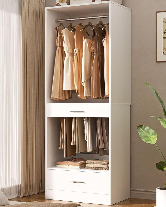Homieasy Closet System Organizer with Hanging area, Pants Rack & Drawer – Expandable & Sturdy Modular Closet Storage Unit, Customizable Wardrobe Organizer for Bedroom or Walk-In Closet, White