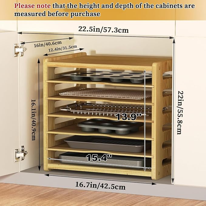 7 Tier Wooden Tray Dividers for Cabinets, Kitchen Cookie Sheet Organizer for Cabinet, Vertical pans, Baking trays, Cutting Board