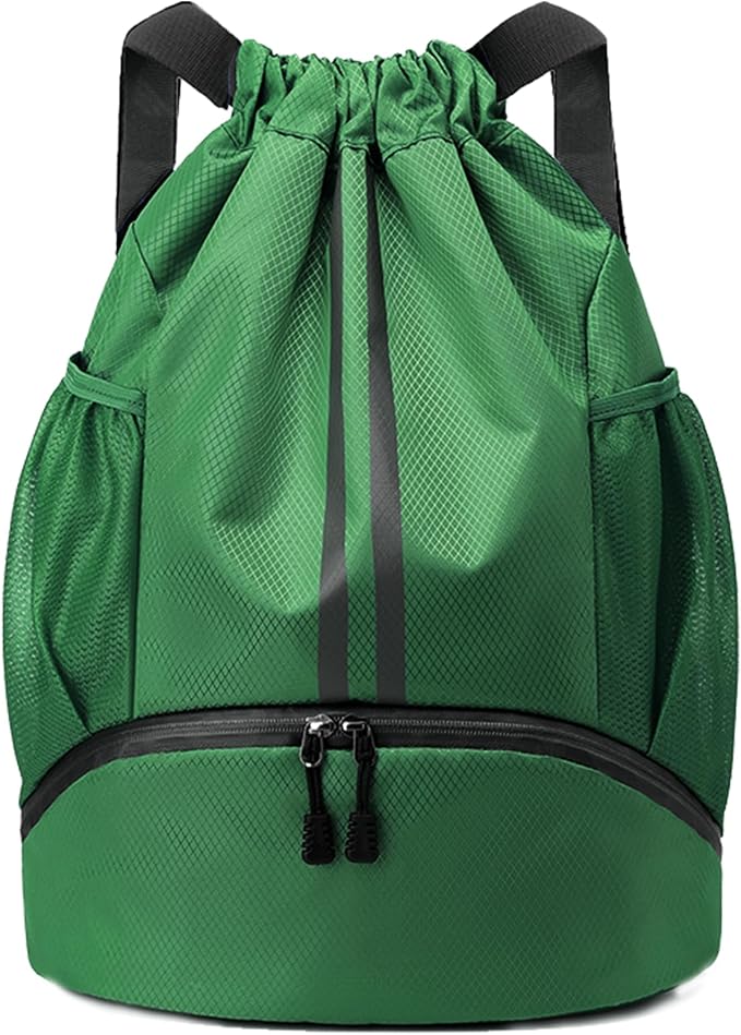 JELUTAR Drawstring Backpack Gym Bag with Shoes Compartment for Soccer, Basketball, Swim, Water-Resistant String Backpack Beach Cinch for Women Men, Dark Green, Medium