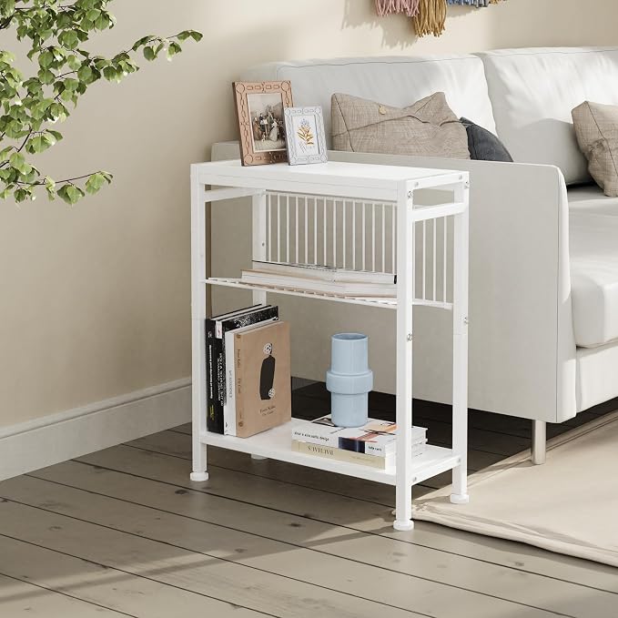 Side Table for Small Spaces, Narrow End Table with Magazine Holder, 2 in 1 Design Slim Side Table, Skinny Nightstand for Living Room Bedroom, Thin Side Magazine Table, White