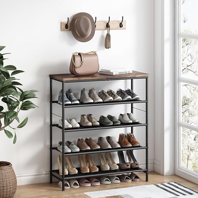 INGIORDAR Shoe Rack Organizer 5 Tier Metal Organizer Shelf with Industrial MDF Board and Layer Fabric for Entryway Closet Bedroom Living Room Garage,Black & Rustic Brown (Black+Rustic Brown, 5 Tier) | Metal space-saving Shoe Shelf stores 20+ Pairs of S...