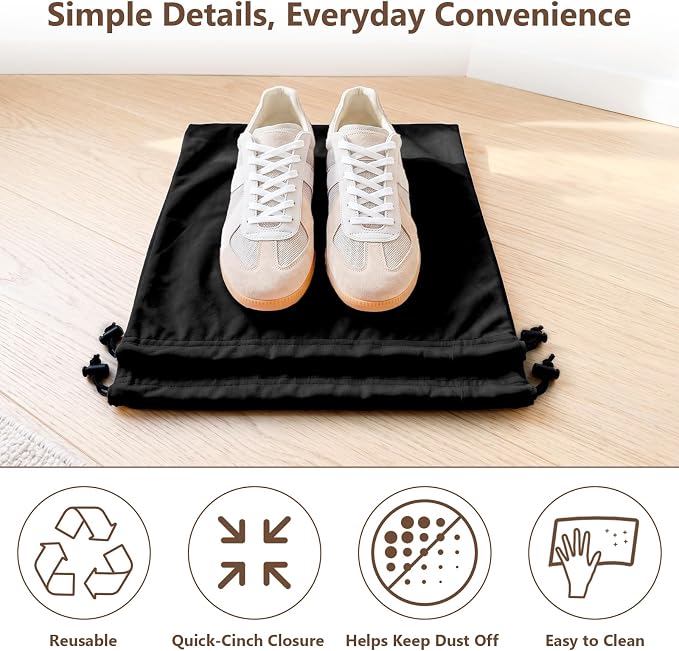 Upgraded Shoe Bags for Travel, 6 Pack Soft Flannel/Cloth/Fabric | Large 17.7 x 13.8 Inches | Fits One Pair of Shoes up to Men's US Size 13 | Washable & Reusable | Ideal for Suitcase Packing