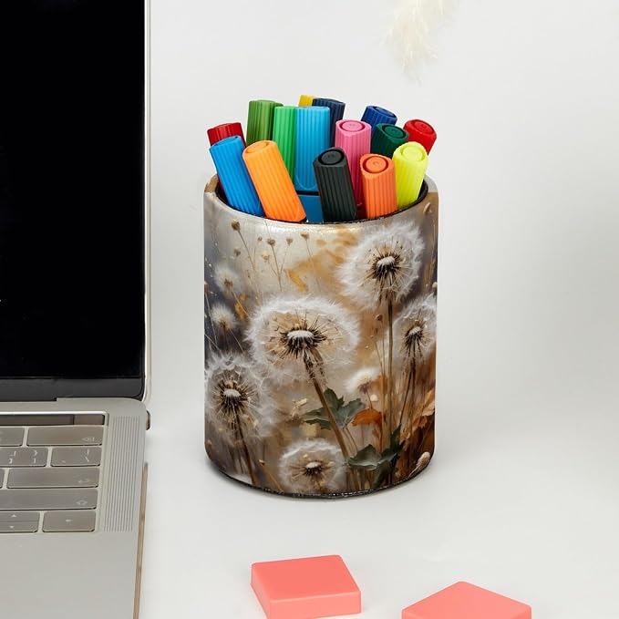 Vintage Dandelion Pen Holder Pencil Organizer for Desk, 3.1” x 3.1” x 3.9” Pencil Cup Office Supplies, Large Capacity Cute Pen and Makeup Brush Holder for Home, School, Desktop