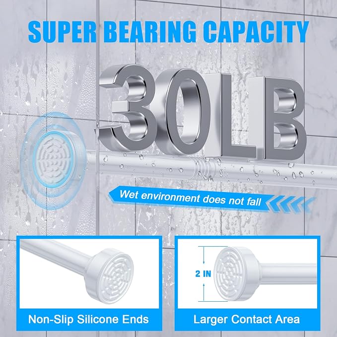 TEECK 2 Pack Shower Curtain Rod, 32-80 inch Adjustable Spring Tension Curtain Rod, Never Rust Anti-Slip Shower Curtain Rod for Bathroom, No Drilling, Never Collapse, Easy to Use, White