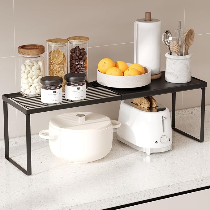 Magheo Expandable Kitchen Countertop Organizer, 1 Pack Stackable Cabinet Shelf Risers, Metal Spice Rack Heavy Duty Counter Organizer Storage for Kitchen, Pantry, Cupboard, Rv (8.7in Height,Black)