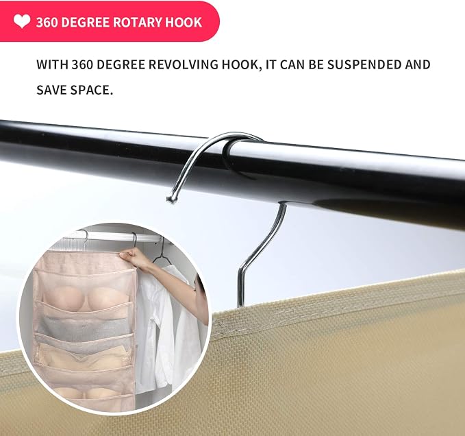 Bseash Enlarged Closet Hanging Bra Organizer with Rotating Metal Hanger, Dual Sided Wall Shelf Wardrobe Mesh Pockets Hanging Storage Bag for Bra Socks Underwear Underpants