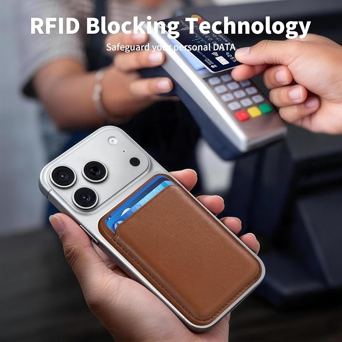 Magnetic Wallet Phone Card Holder for Phone Case with Mag-Safe, Stronger Magnetic RFID Leather Phone Wallet Stick on Series of iPhone 17/16/15/14/13/12 and Pro/Promax, Caramel Brown