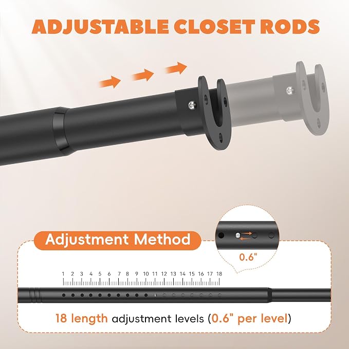 Metal Closet Rod 1.3" Heavy Duty Adjustable Hanging Rod 17-75 Inch | Black, Stainless Steel, 1.3 Inch Diameter, Wall Brackets Included, For Hanging Clothes, Walk-In Closets, Laundry Rooms