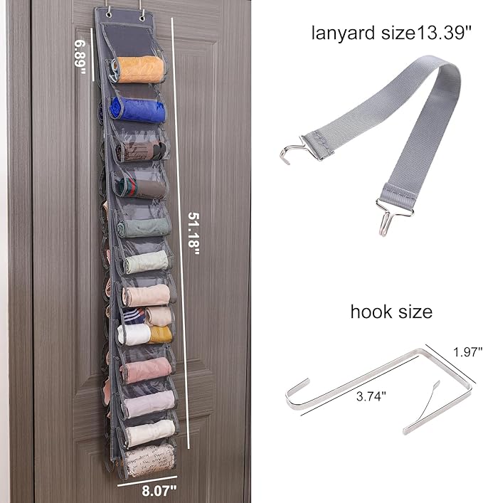 Legging Organizer for Closet Hanging 20 Pockets, Clear Hanging Legging Organizer Closet, Oxford Cloth Legging Storage for Wardrobe Behind Door (2Pack*Gray)
