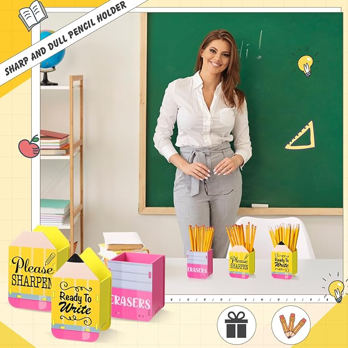 DoubleFill 3 Pcs Sharp and Dull Pencil Holder Eraser Buckets Wooden Shaped Dispenser for Back to School Teachers Classroom Management(Yellow Ready to Write)