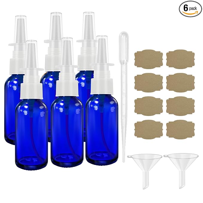 GIVAMEIHF Nasal Spray Bottles 6Pcs1oz (30ml),Empty Nasal Spray Bottle with Funnel,Dropper,Label,Cobalt Blue Glass Nose Spray Bottle,Press Spray Head Refillable Portable Fine Mist Travel Bottle