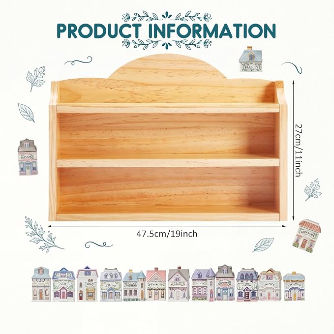 Chunful Vintage Spice Jar Wooden Rack Beige Natural 3-tier Spice Shelf for 24 Jars, Village Style Wall Mounting Kitchen Storage Decorative Hanging Display Rack, Shelf Only