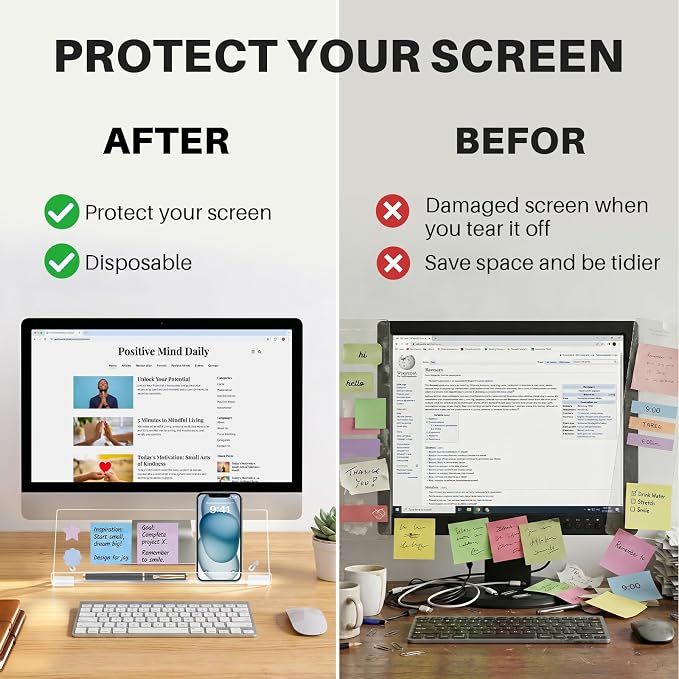 Monitor Memo Board Holder 14"x5", Computer Sticky Note Holder with Phone Stand, Space-Saving Office Organization, Movable & Reusable Screen Saver for Office & Home Desktop Decor