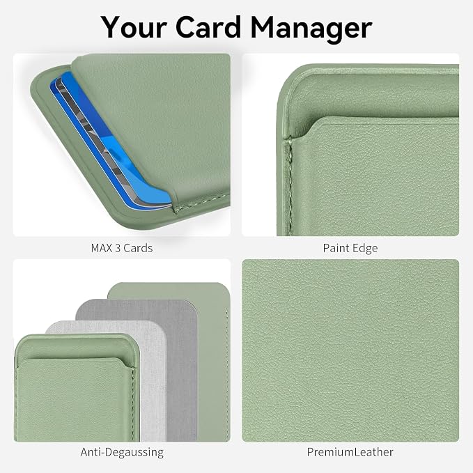 Magnetic Wallet Phone Card Holder for Phone Case with Mag-Safe, Stronger Magnetic RFID Leather Phone Wallet Stick on Series of iPhone 17/16/15/14/13/12 and Pro/Promax, Matcha Green