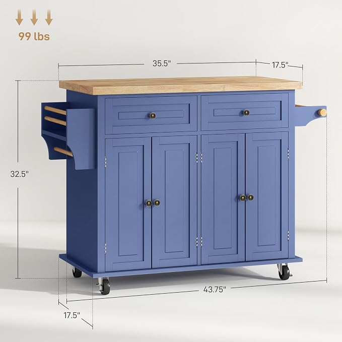 HOMCOM Kitchen Island Cart with Solid Wood Top, 44" Mobile Kitchen Island Table on Wheels with Storage Cabinets, 2 Drawers, Adjustable Shelves, Spice Rack & Towel Bar for Dining Room, Navy Blue