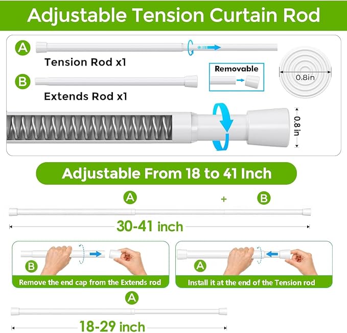 Spring Tension Rod 18-41 Inches No Drilling Adjustable White Spring Loaded Curtain Rod Expandable Small Short Tension Curtain Rod for Windows,Kitchen,Doorway