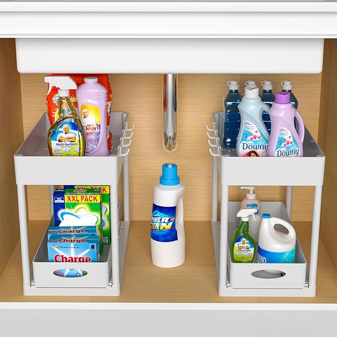 PUILUO 2 Set Under Sink Cabinet Organizer, 2 Tier Storage Under Cabinet Bathroom Under Sink Organizers and Storage Black Under Sink Storage for Bathroom Kitchen