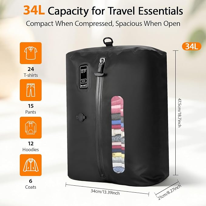 KXB Travel Vacuum Seal Bags with One-Button Suction, 34L Compression Packing Cubes for Carry-On Suitcase & Travel Backpack, Reusable IP67 Waterproof Vacuum Storage Kit for Luggage