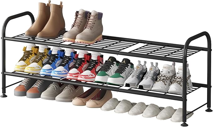 LINZINAR 2 Tier Long Shoe Rack for Closet Metal Shoe Organizer for Entryway | Spacious design stores 15+ pairs of shoes,durable metal frame,space-saving organizer for closet, hallway, and Entryway Black