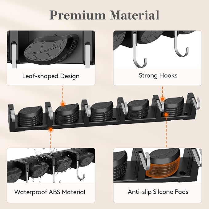 Lifewit Broom and Mop Holder Wall Mount, Non-Slip Cleaning Tool Hanger Organizer with 6 Hooks 5 Slots, Heavy Duty Hanging Broom Utility Rack for Kitchen, Garden, Garage, Laundry, 1 Pack, Black