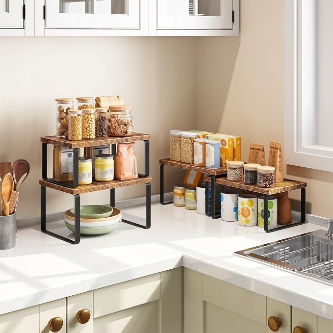 HOOBRO Cabinet Organizer Shelf, Set of 4, Kitchen Countertop Organizer, Kitchen Countertop Shelf, Spice Rack for Counter, Stackable, Expandable for Cabinet, Kitchen, Rustic Brown and Black BF33TLP201