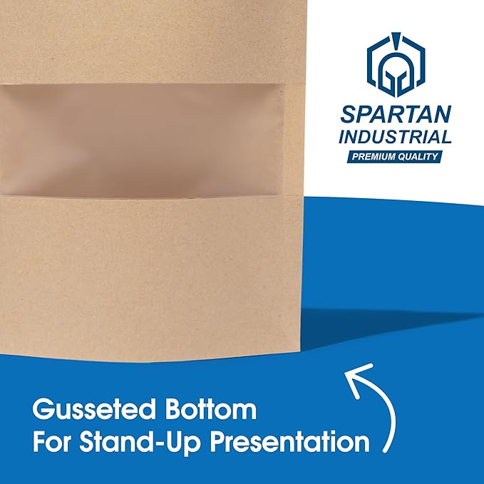Spartan Industrial - 7" X 10" Kraft Stand-Up Pouch Bags - Pack of 100 Large Smell-Proof Bags for Bulk Food Packaging, Homemade Treats, Bath Products, and More