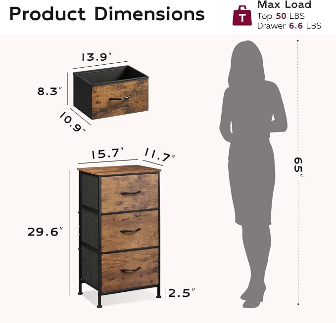 WLIVE Dresser with 3 Drawers, Fabric Nightstand, Organizer Storage Dresser for Bedroom, Hallway, Entryway, Closets, Sturdy Steel Frame, Wood Top, Easy Pull Handle, Rustic Brown Wood Grain Print