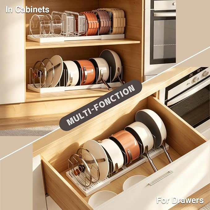Magheo 2 Pack Pots and Pans Organizer Under Cabinet, Expandable 12.6"-22.8" Kitchen Cabinet Organizer Holder with 10 Adjustable Dividers for Food Storage Container Lid, Cookie Sheet, Cookware(White)