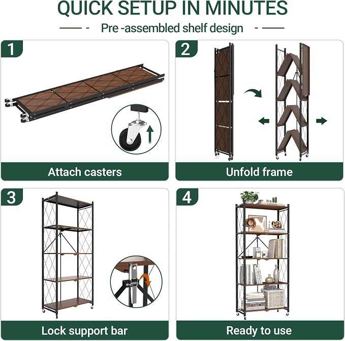 black leopard 5-Tier Foldable Shelf with Wheels, Wood-Grain Steel Shelves | Pre-assembled frame unfolds in seconds with tool-free wheel setup for fast, convenient use.