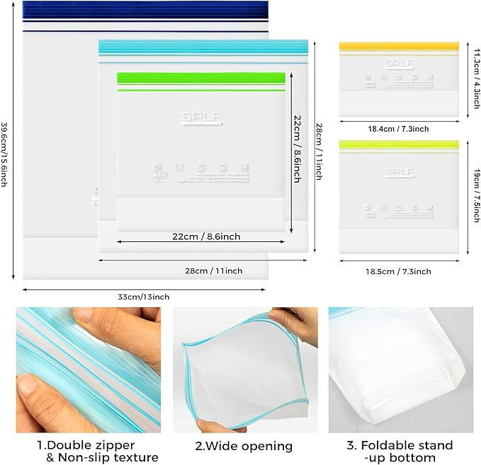 SPLF 20 Pack Reusable Sandwich Bags Dishwasher Microwave Safe, BPA Free Extra Thick Leakproof Reusable Food Storage Bags Silicone Free Quart Size Freezer Bags Containers