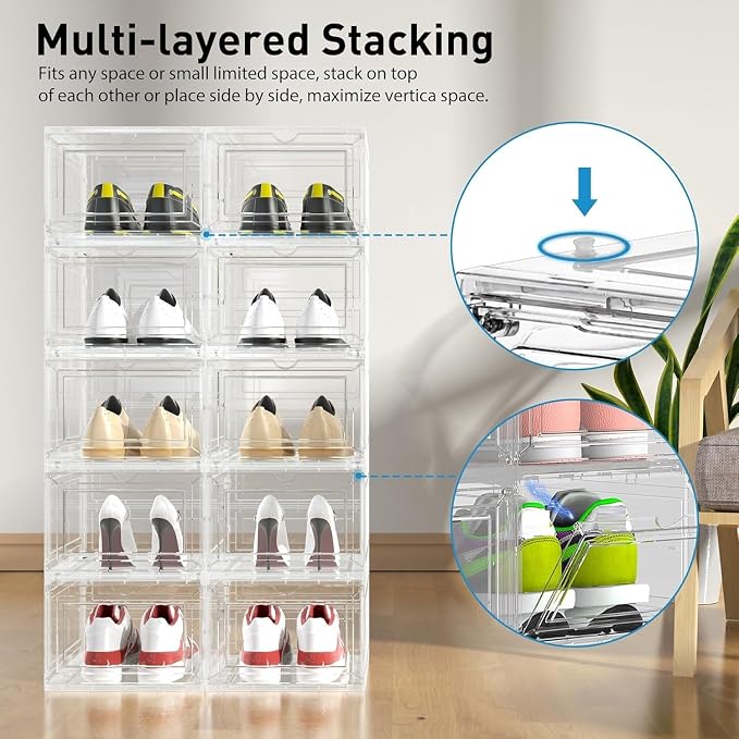 10 Pack Thickened Clear Stackable Shoe Organizer Storage Boxes with Magnetic Door, Sneaker Display Cases for Closet, Entryway & Under Bed Storage, Space Saving Shoe Storage Solution, White