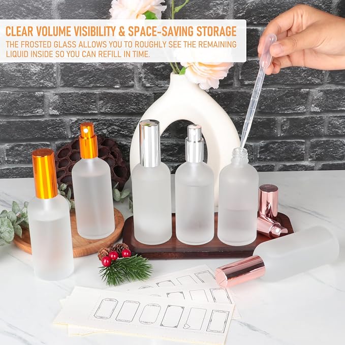 AuroTrends 3.4oz Frosted Glass Spray Bottles 2-Pack with Silver Caps | Empty Perfume Atomizers,Refillable Fine Mist,with Dropper & Stickers,for Travel,Face,Body,Hair,DIY Scents,Hydrating Spray