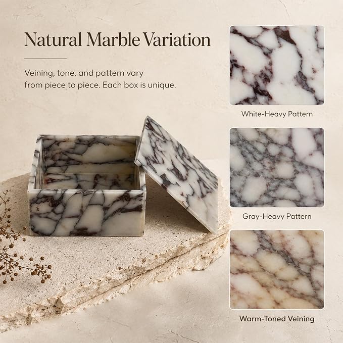 Natural Marble Square Jewelry Box with Lid, 5.91 in | A square natural marble box with lift-off lid for jewelry, cotton pads, and a cleaner dresser display.