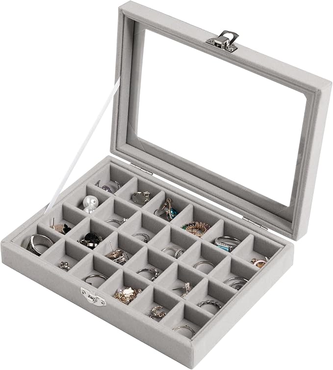 Frebeauty 24 Grid Earring Organizer,Small Velvet Jewelry Tray with Lid | Portable Jewelry Box for Rings Stud,Velvet Lining for Protecting Jewelry,Adjustable Dividers,Glass Lid for Clear Review