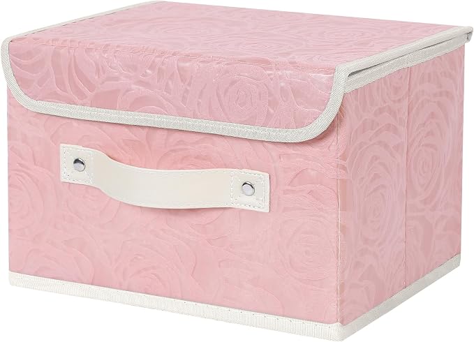 ANMINY Fabric Storage Bin with Lid Rose Print Storage Box Basket with PU Leather Handles Washable PP Plastic Board Decorative Foldable Lidded Shelf Cubes Closet Organizer Container - Pink, Small Size