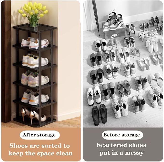 Vertical Shoe Rack - Tall Narrow Shoe Rack Organizer for Small Spaces,12 Tier Bamboo Shoen Shelf for Entryway,Closet,Corner,Doorway,Skinny Shoe Shelf Space Saving Shoe Storage,Free Stackable DIY