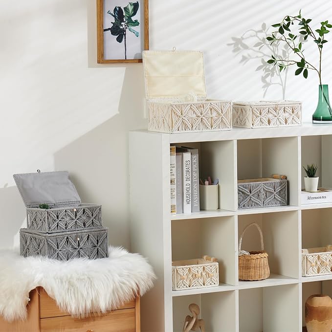 2PCS Decorative Boho Storage Baskets with Lid Bohemian Macrame Jewelry Box Handmade Natural Cotton Rope Woven Bins Memory Keepsake Makeup Organizer Container (Off White, 1 Large 1 Small)
