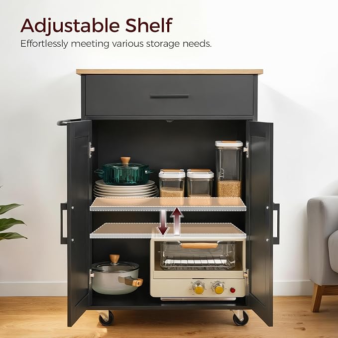MAHANCRIS Kitchen Island on Wheels with Drop Leaf, Folding Countertop Kitchen Island Cart, Kitchen Islands Table with Towel Rack, Drawer, for Kitchen, Dining Room, Black and Natural KINB12501