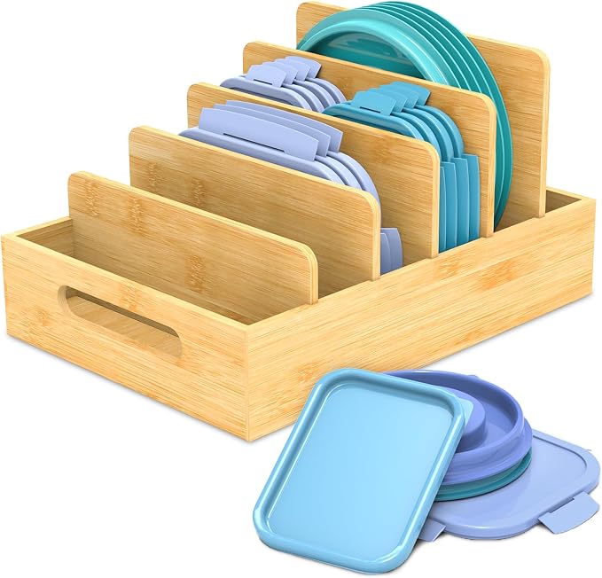 Retro Shaw Lid Organizer for Plastic Lids, with 5 Adjustable Dividers | Bamboo, Kitchen Storage and Organization, Fit For Cabinet and Drawer