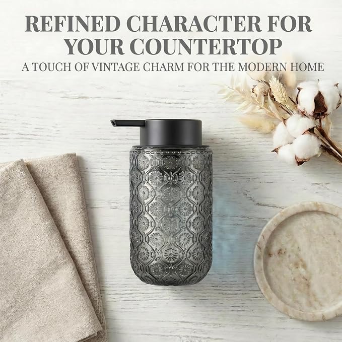 Gray Glass Foaming Hand Soap Dispenser with Matte Black Pump Thick Embossed Bottle Refillable for Bathroom and Kitchen Decor 13.5 oz